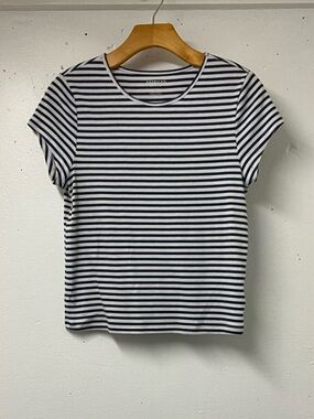 American Eagle Striped Cropped Tee Blue White Ribbed Large